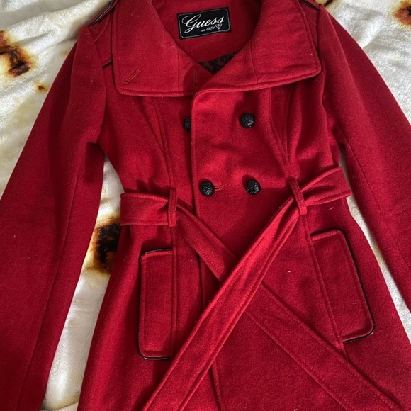 Guess red belted winter trench coat pea coat size Small - Picture 6 of 11